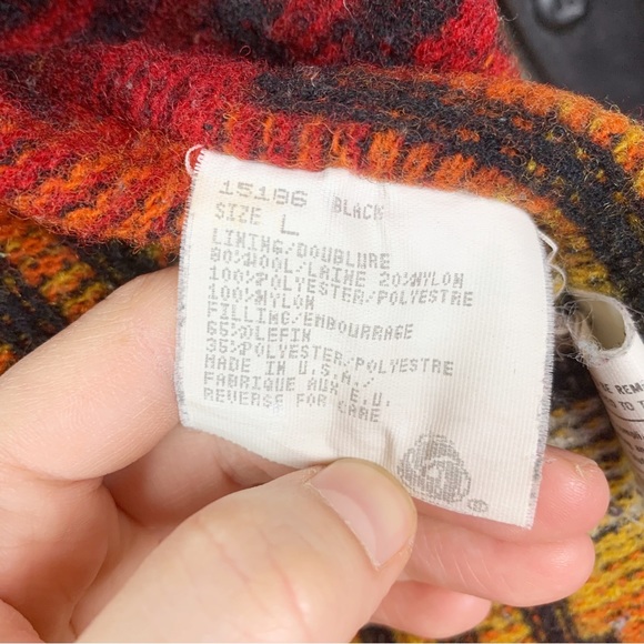 VINTAGE WOOLRICH Black Denim Jacket Serape Aztec Wool Lining Faded Distressed L - Picture 9 of 13